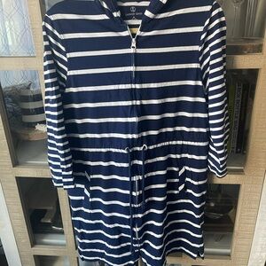 Lands' End Navy and White Hooded Striped Cover Up